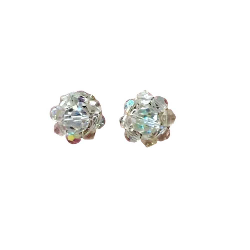 Vintage Aurora Borealis Crystal Cluster Clip On Earrings Iridescent Glass Bead